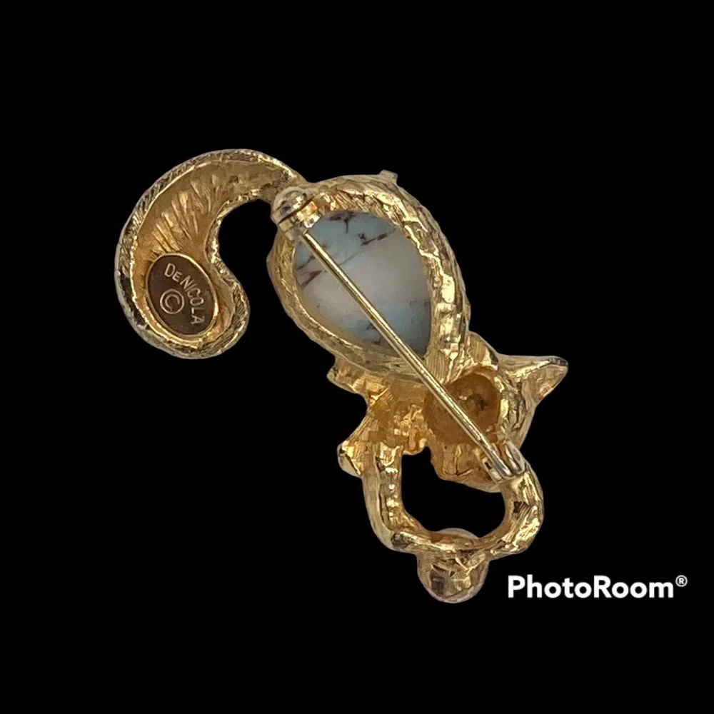 Vintage DeNicola Blue Art Glass Playful Cat Brooch